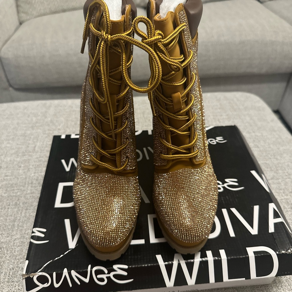 Women's Gold Rhinestone Tan Lace-Up High Heel Booties - Picture 2 of 5